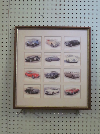 A set of 12 Golden Era cards of Jaguar motor cars framed 13" x  12"