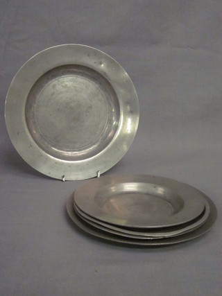 5 various pewter plates 8"-10"