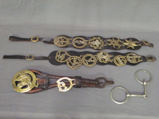 2 leather Martingales hung horse brasses, a Snaffle bit etc