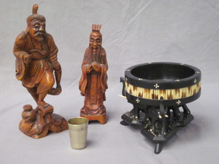 An ebony and porcupine quill dish supported by elephants 6", a  Mappin & Webb shot glass and 2 carved Eastern figures etc