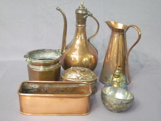 A rectangular copper planter 10 1/2", a copper jug 10", an Eastern pail, an Eastern copper jug and other metalware
