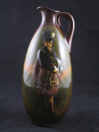 A Royal Doulton Dewars salt glazed jug decorated a standing Scotsman marked Noke 8 1/2", spout restored
