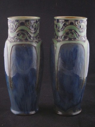 A pair of Royal Doulton Art Nouveau blue salt glazed club  shaped vases, the bases marked Royal Doulton 8133 10"