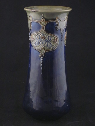 A blue Royal Doulton salt glazed cylindrical vase, the base  marked Royal Doulton LB 635 9"