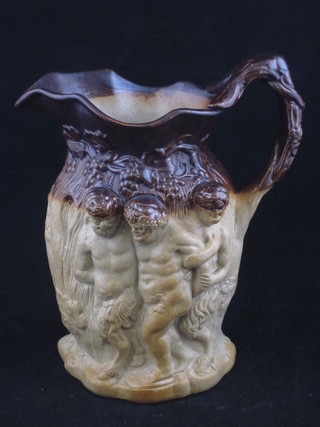 A Victorian salt glazed jug decorated Bacchanalian scenes 7"