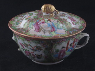 A circular Canton porcelain twin handled bowl and cover decorated court figures 6 1/2", 1 handle f,