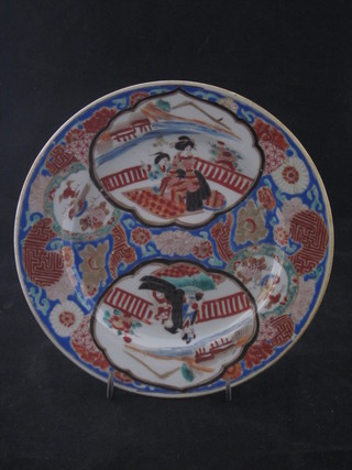 A Japanese Imari porcelain plate with panel decoration decorated  figures, the base with 6 character mark 8 1/2"