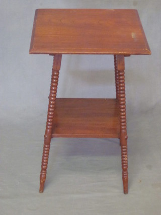 A square Edwardian mahogany 2 tier occasional table, raised on  bobbin turned supports 16"
