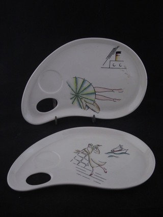 A pair of Clarice Cliff Cruise ware pallet shaped plates, the reverse marked Bizarre by Clarice Cliff 11"
