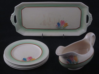A Clarice Cliff Newport Pottery Honeyglaze pattern twin handled dish decorated crocus 12", some contact marks, a sauce boat -  crazed, 4 tea plates 6" - 1 with chip to trim and with contact  marks,