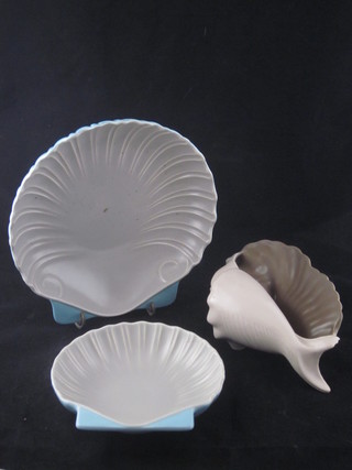 A Poole Pottery vase in the form of a shell 8" and 2 scallop  shaped dishes 9" and 6 1/2", 1 chipped,