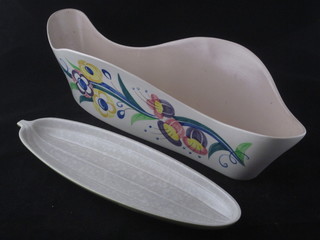 A Poole Pottery boat shaped vase, base with Dolphin mark 17",  chip to base together with a leaf shaped Poole Pottery dish  marked 0103 12"