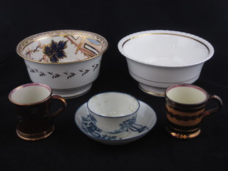A Dr Wall period Worcester teabowl and saucer, f, 2  Sunderland lustre mugs 3" and 2 Victorian slop bowls