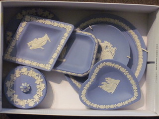 A Wedgwood blue Jasperware plate to commemorate the  wedding of Prince Charles and Lady Diana 6 1/2", do. dish 4",  circular jar and cover 3", circular ashtray and 3 pin trays