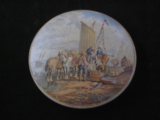 A circular Prattware pot lid decorated fishermen