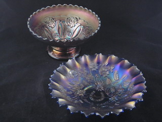 A purple Carnival glass bowl marked Good Luck 8" and do. dish  8"