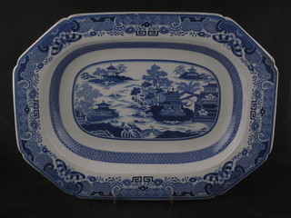 A Spode blue and white lozenge shaped meat plate decorated  Willow Pattern, cracked, 15"