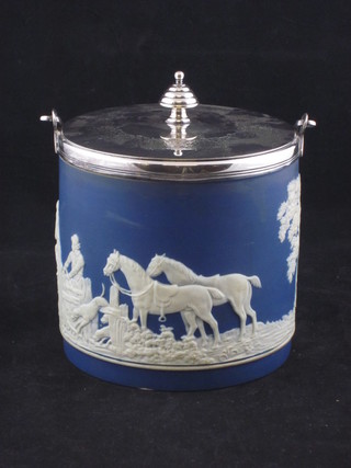 A circular blue Jasperware biscuit barrel decorated a hunting  scene and with plated lid and mounts 5"