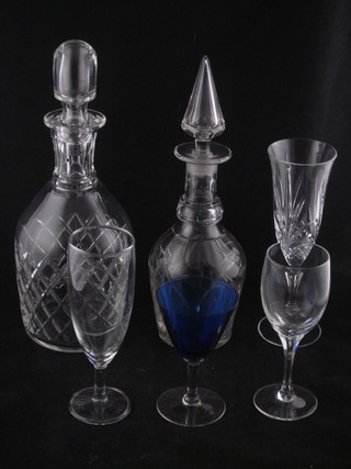 3 cut glass spirit decanters, a vase and various glassware