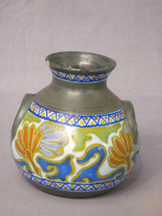 A Gouda pottery twin handled vase base marked P A Gouda  Holland