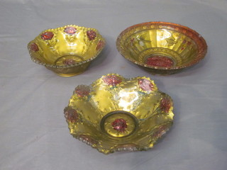 3 circular gilt Carnival glass dishes 9 1/2"