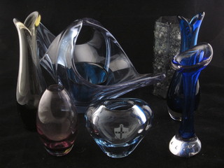 A blue Art Glass boat shaped vase 13" and a collection of Art Glassware