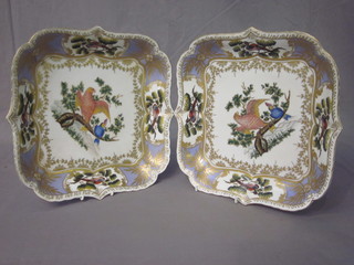 A pair of square Continental porcelain dishes decorated birds 11"