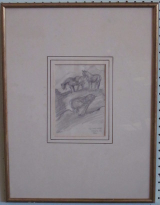 Anton Lock, pencil drawing "The Tang Horse Mourning His  Dead" 6 1/2" x 4 1/2"