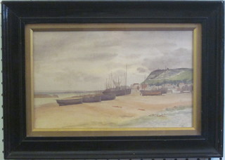 A Victorian watercolour drawing "Beach Scene with Fishing  Boats" monogrammed JSK 6 1/2" x 10"