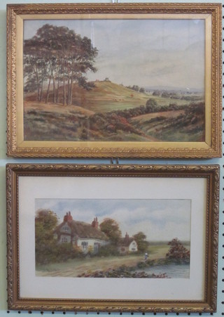 Jo Russell, pair of watercolour drawings "Lane with Country Cottage and River with Track" 5" x 10"