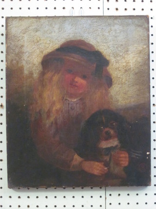 A Victorian oil on canvas "Portrait of a Bonnetted Girl with Dog" monogrammed R, 14" x 12"