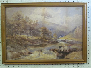 19th Century watercolour drawing "Mountain River with Cattle  in Distance" 15" x 21"