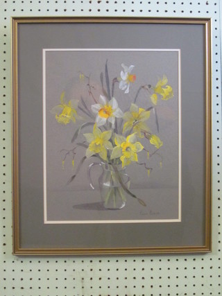 F R Evans, watercolour and gouache drawing "Daffodils in a  Jug" 14" x 11"