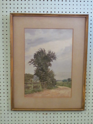 R Harvest, watercolour "Country Lane" the reverse with Waring  & Gillows Picture Gallery label 14" x 9 1/2"