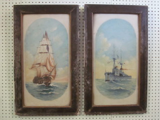 T Rogers, pair of watercolour drawings "A Man of War and A Dreadnought" signed and dated 1917 17" x 9", oval