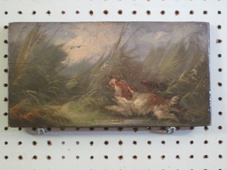 A Victorian oil on board "Two Spaniels Driving Game" 5" x 10"