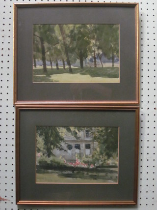 Impressionist watercolour drawings a pair, "Park with Trees" 7"  x 10" and "Terrace in Parkland" 6" x 8"