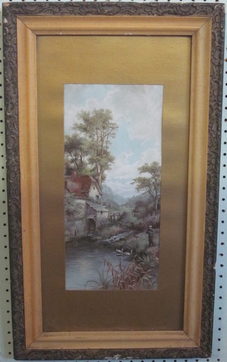 19th Century coloured print "Watermill with Figure" 13" x 6"  13" x 6"