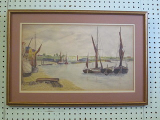 F A Gray, watercolour "Moored Barges" signed and dated 1946  9 1/2" x 16"