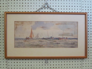 Thomas Sidney, watercolour "Herring Boats, Scottish Coast", some foxing 7" x 17"