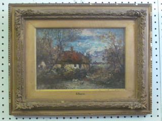 Impressionist oil on board "Country Cottage with Ducks" marked  G Pissarro, 7" x 9 1/2"