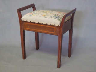 An Edwardian inlaid mahogany box seat piano stool with hinged  lid 19"