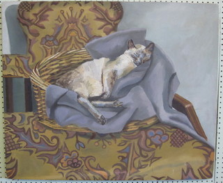 Oil on canvas, "Reclining Siamese Cat on a Chair" 25" x 20"