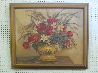 M Copnall, oil on canvas, still life study "Vase of Flowers" 19"  x 23"