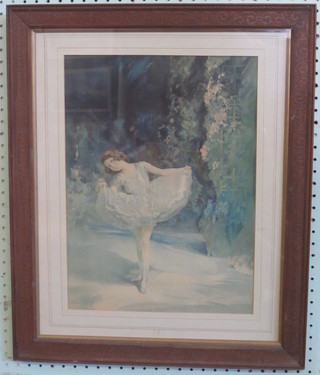 A coloured print "Standing Ballerina" 15" x 11" in an oak frame