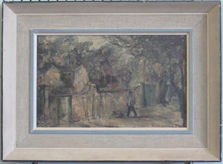 Helen Grunwald, oil on board "Urban Scene with Figure  Walking Dog" signed and dated 1940 8" x 12"