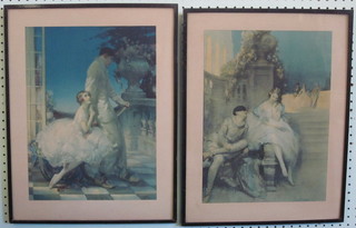 A pair of 1930's coloured prints "Pierrot Scenes" 14" x 12"