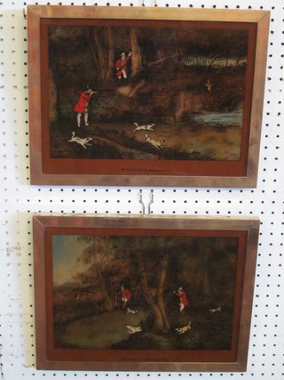 A pair of reproduction coloured shooting prints "Woodcock and  Pheasant Shooting" 8" x 12" contained in a brass frames