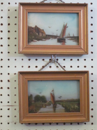 A pair of Victorian oil paintings on glass "Barges" 3 1/2" x 5 1/2"