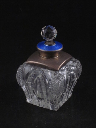 An Art Deco square glass perfume bottle with silver and enamel mounts 4"
